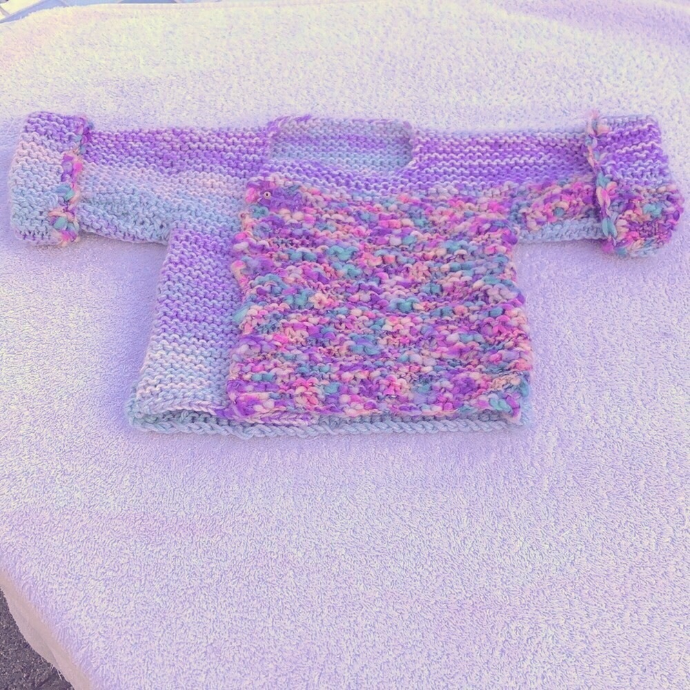 Hand knit designer French style baby cardigan shades of purple and green w/ hat